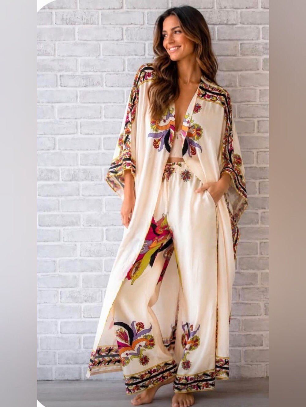 Cream Floral Boho Kimono Set with Wide Leg Pants Small- Medium Pant o/s Coat